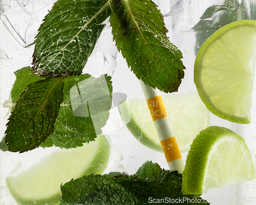 Image of Close up view of the cold and fresh lemonade with light and mint, ice cubes