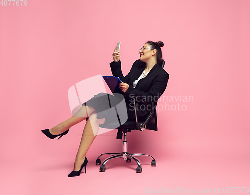 Image of Young caucasian woman in office attire. Bodypositive female character. plus size businesswoman