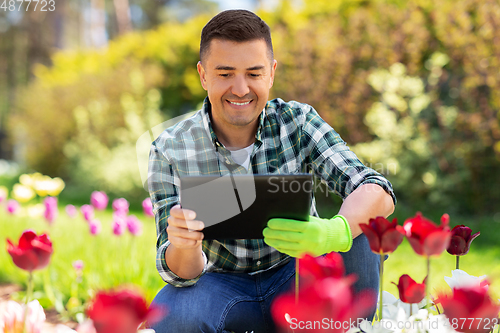 Image of man with tablet pc and flowers at summer garden