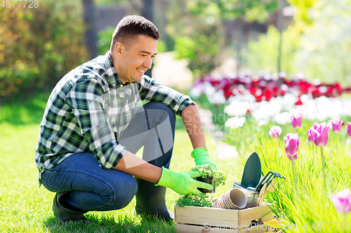 Image of middle-aged man with tools in box at summer garden