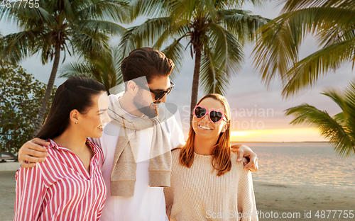 Image of happy friends walking along summer beach