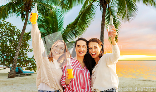 Image of young women toasting non alcoholic drinks on beach