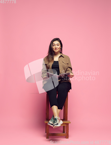 Image of Young caucasian woman in casual wear. Bodypositive female character. plus size businesswoman