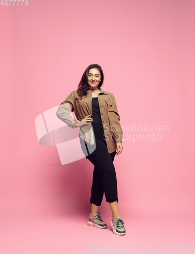 Image of Young caucasian woman in casual wear. Bodypositive female character. plus size businesswoman