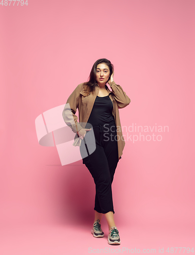 Image of Young caucasian woman in casual wear. Bodypositive female character. plus size businesswoman