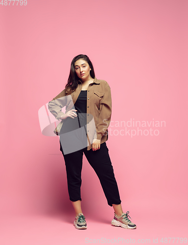 Image of Young caucasian woman in casual wear. Bodypositive female character. plus size businesswoman