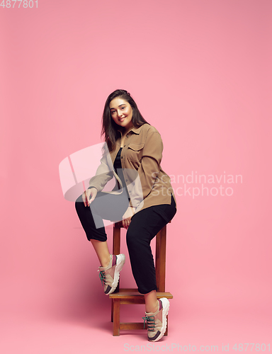 Image of Young caucasian woman in casual wear. Bodypositive female character. plus size businesswoman