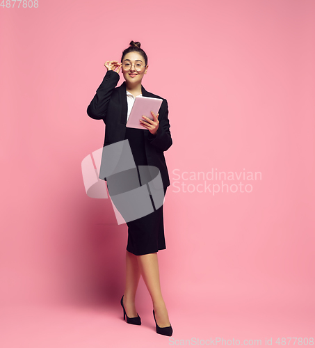 Image of Young caucasian woman in office attire. Bodypositive female character. plus size businesswoman