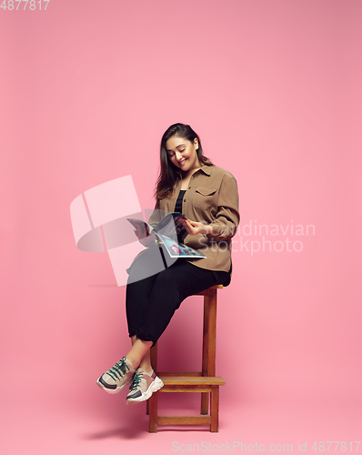 Image of Young caucasian woman in casual wear. Bodypositive female character. plus size businesswoman
