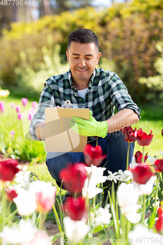 Image of man with clipboard and flowers at summer garden