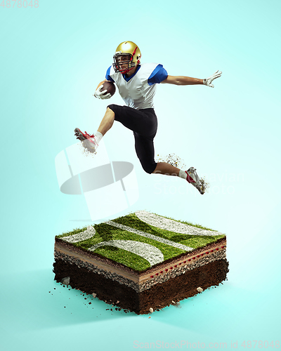 Image of American football player on blue background above stadium layers. Professional sportsman during game playing in action and motion.