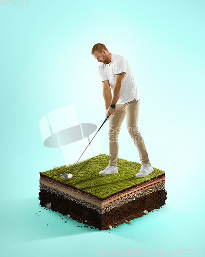 Image of Golf player in a white shirt playing on blue background above stadium layers. Professional player practicing during gameplay, championship