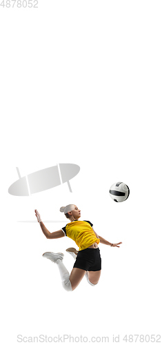 Image of Young female volleyball player isolated on white studio background. Woman in sport\'s equipment training and practicing.