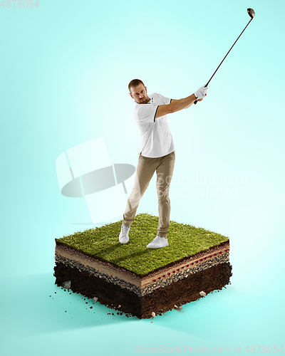 Image of Golf player in a white shirt playing on blue background above stadium layers. Professional player practicing during gameplay, championship