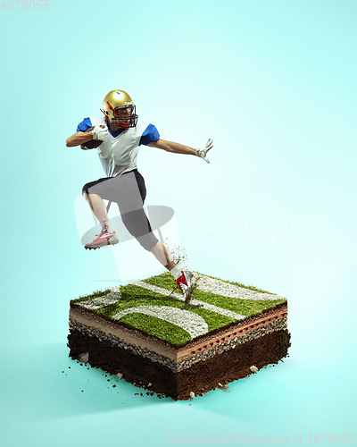 Image of American football player on blue background above stadium layers. Professional sportsman during game playing in action and motion.