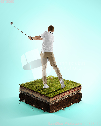 Image of Golf player in a white shirt playing on blue background above stadium layers. Professional player practicing during gameplay, championship