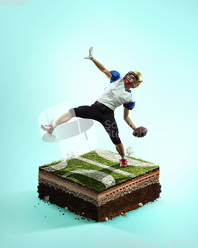 Image of American football player on blue background above stadium layers. Professional sportsman during game playing in action and motion.