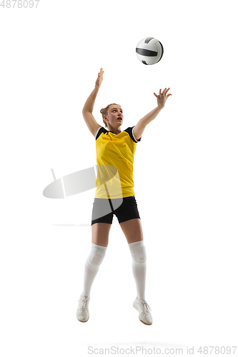 Image of Young female volleyball player isolated on white studio background. Woman in sport\'s equipment training and practicing.