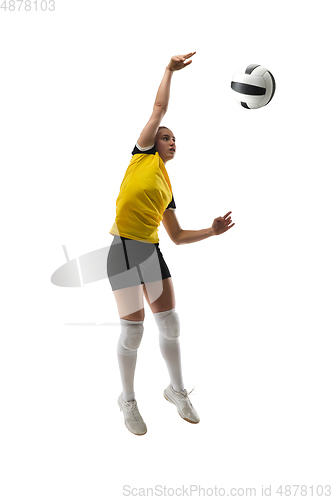 Image of Young female volleyball player isolated on white studio background. Woman in sport\'s equipment training and practicing.