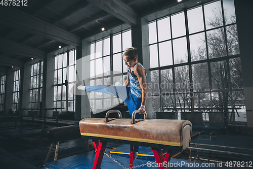 Image of Little male gymnast training in gym, flexible and active. Caucasian fit little boy, athlete in sportswear practicing in exercises for strength, balance.