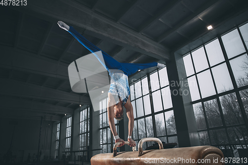 Image of Little male gymnast training in gym, flexible and active. Caucasian fit little boy, athlete in sportswear practicing in exercises for strength, balance.