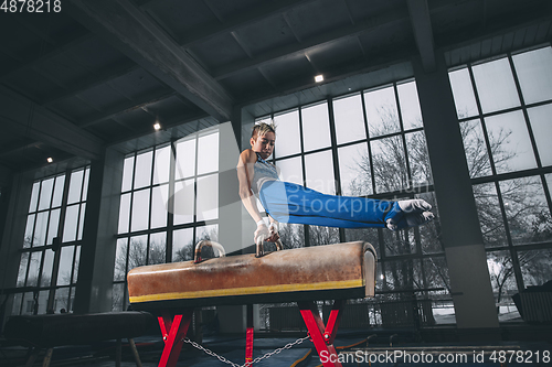 Image of Little male gymnast training in gym, flexible and active. Caucasian fit little boy, athlete in sportswear practicing in exercises for strength, balance.