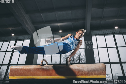 Image of Little male gymnast training in gym, flexible and active. Caucasian fit little boy, athlete in sportswear practicing in exercises for strength, balance.