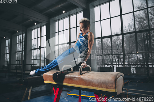 Image of Little male gymnast training in gym, flexible and active. Caucasian fit little boy, athlete in sportswear practicing in exercises for strength, balance.