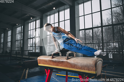 Image of Little male gymnast training in gym, flexible and active. Caucasian fit little boy, athlete in sportswear practicing in exercises for strength, balance.