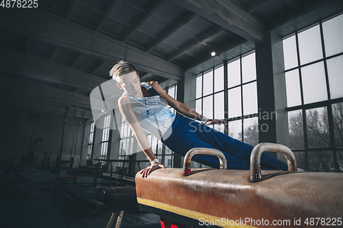 Image of Little male gymnast training in gym, flexible and active. Caucasian fit little boy, athlete in sportswear practicing in exercises for strength, balance.