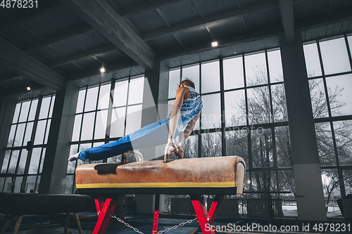 Image of Little male gymnast training in gym, flexible and active. Caucasian fit little boy, athlete in sportswear practicing in exercises for strength, balance.