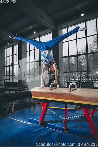 Image of Little male gymnast training in gym, flexible and active. Caucasian fit little boy, athlete in sportswear practicing in exercises for strength, balance.