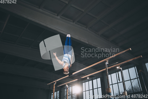 Image of Little male gymnast training in gym, flexible and active. Caucasian fit little boy, athlete in sportswear practicing in exercises for strength, balance.