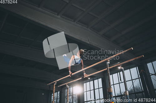 Image of Little male gymnast training in gym, flexible and active. Caucasian fit little boy, athlete in sportswear practicing in exercises for strength, balance.