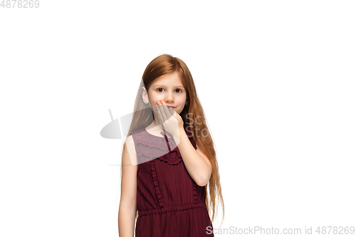 Image of Happy caucasian little girl isolated on white studio background. Looks happy, cheerful, sincere. Copyspace. Childhood, education, emotions concept