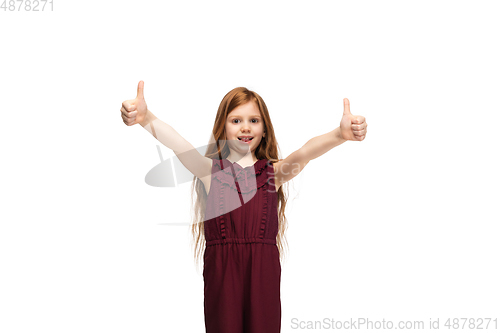 Image of Happy caucasian little girl isolated on white studio background. Looks happy, cheerful, sincere. Copyspace. Childhood, education, emotions concept