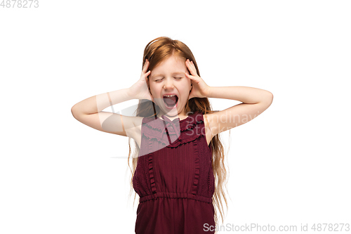 Image of Happy caucasian little girl isolated on white studio background. Looks happy, cheerful, sincere. Copyspace. Childhood, education, emotions concept