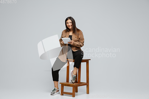 Image of Young caucasian woman in casual wear. Bodypositive female character, plus size businesswoman