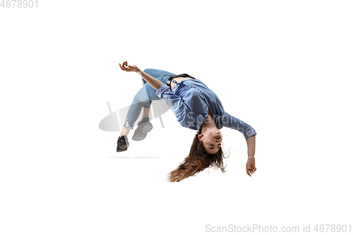 Image of Mid-air beauty. Full length studio shot of attractive young woman hovering in air and keeping eyes closed