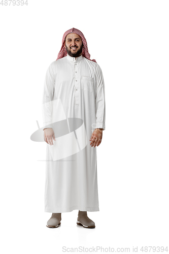 Image of Smiling arabian man\'s portrait isolated on white studio background