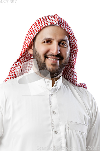 Image of Smiling arabian man\'s portrait isolated on white studio background