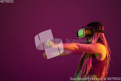 Image of Portrait of young caucasian woman on pink background with copyspace, unusual and freaky appearance