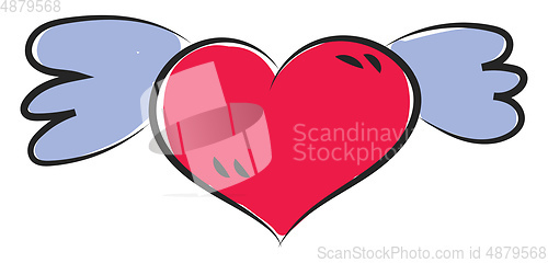 Image of Cartoon funny red heart with blue wings vector or color illustra