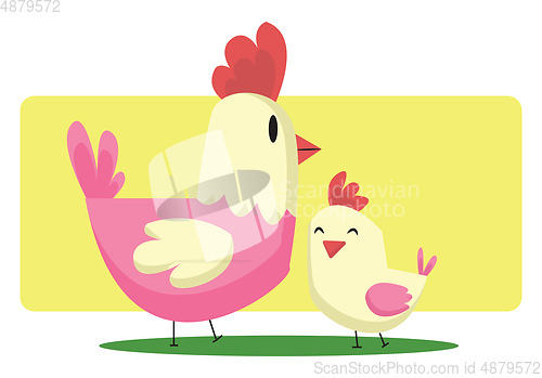 Image of Chicken and a little chick Easter art illustration web vector on