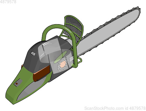 Image of 3D vector illustration of a grey and green chain saw white backg