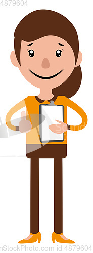 Image of Cartoon woman holding a document illustration vector on white ba