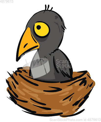 Image of Cartoon of a small grey crow in a brown nest