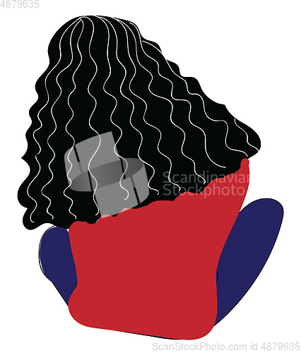 Image of Back of a sitting girl with long curly hair red sweater and blue