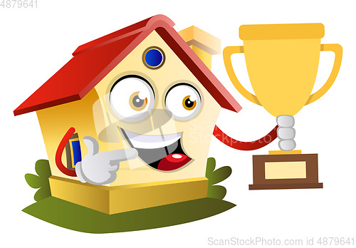 Image of House is pointing on a winning trophy, illustration, vector on w