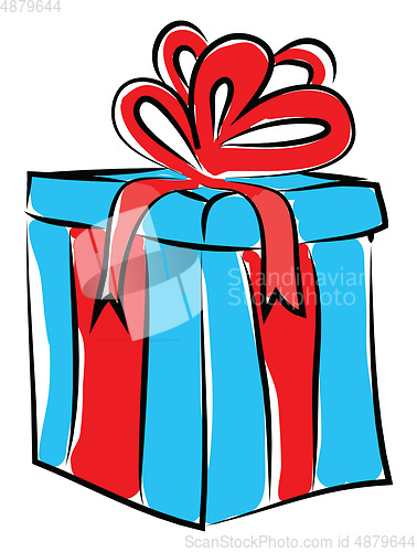 Image of Painting of a blue present box tied with red ribbon and topped w